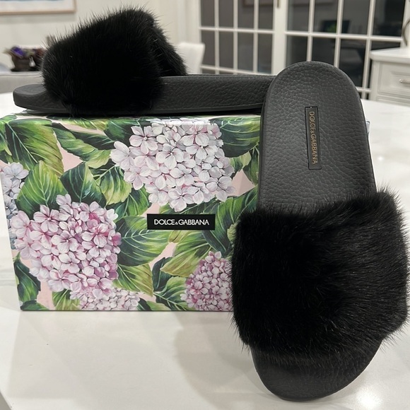 DOLCE & GABBANA Black REAL MINK FUR & RUBBER SLIDES CIABATTA SAINT BARTH sz 38 - Picture 9 of 10